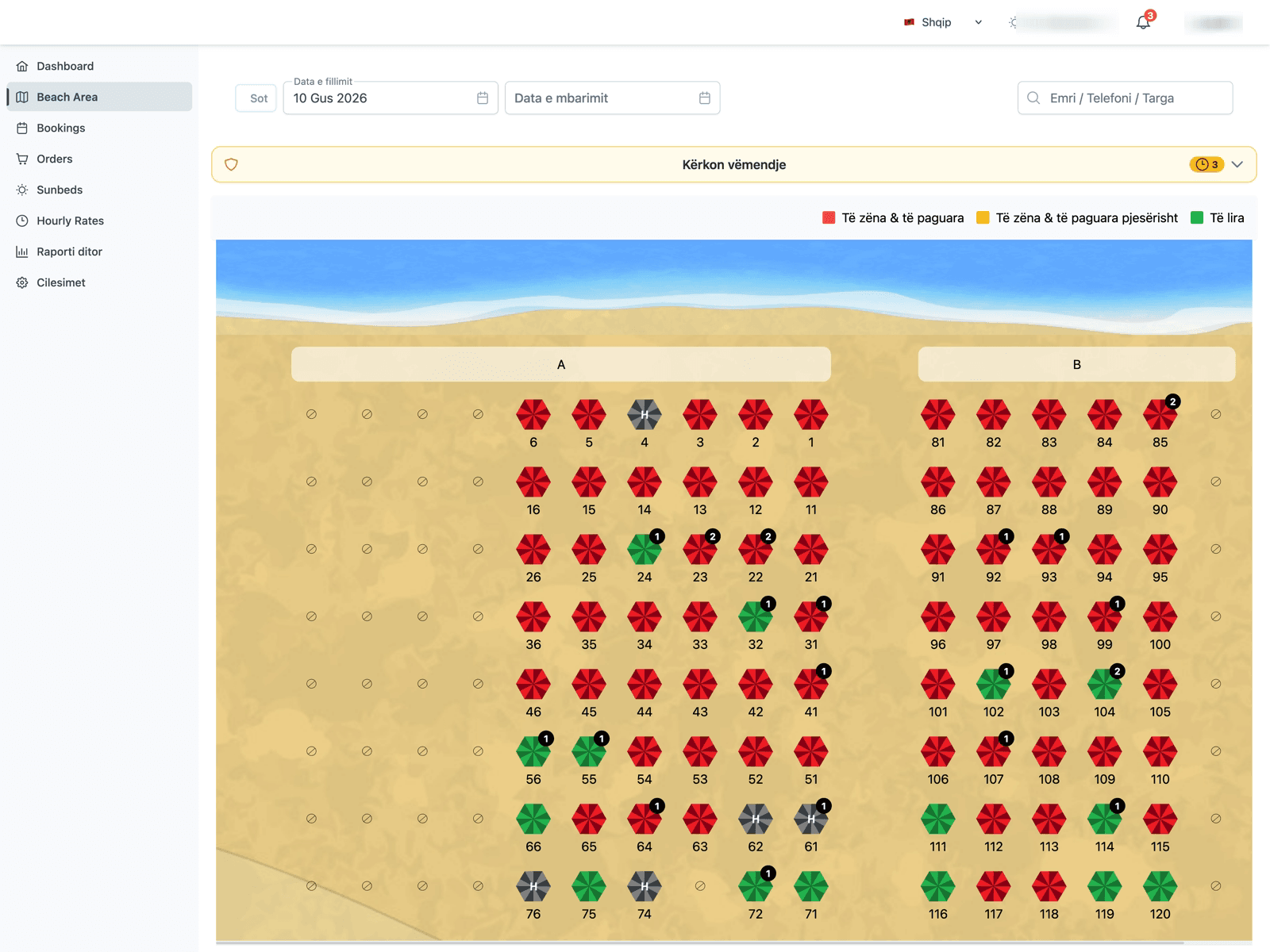 Hotelix beach area screen showing a grid of sunbeds and umbrellas