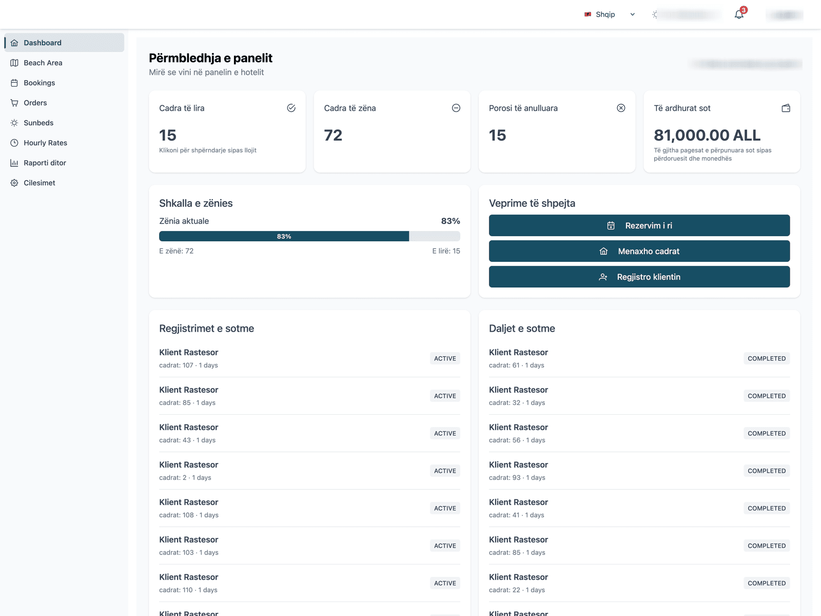 Sunbed dashboard showing occupied and available totals