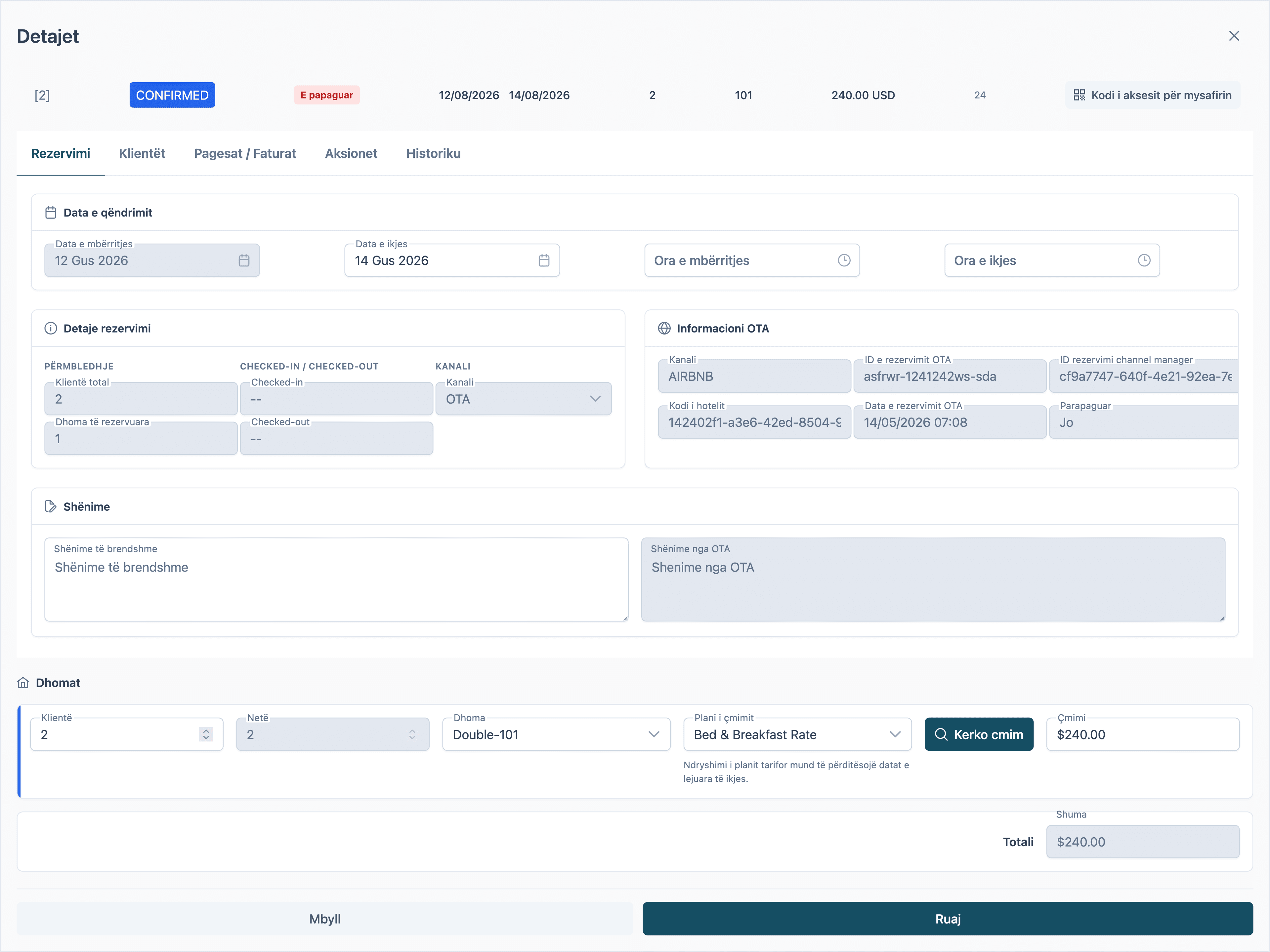 Hotelix reservation detail showing the OTA channel, OTA booking ID, and channel manager sync ID