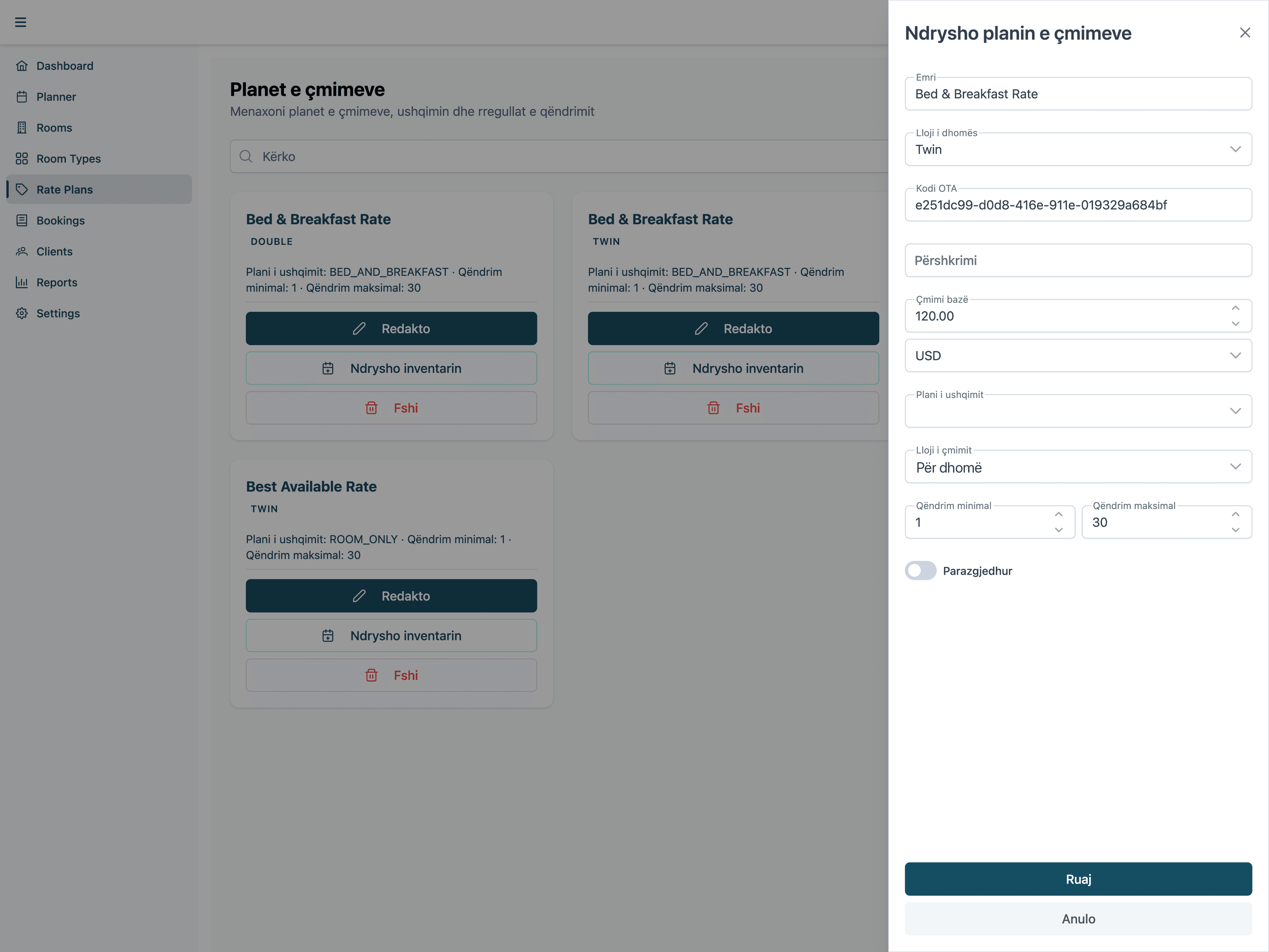 Rate plan settings showing the OTA code and pricing type synced with the channel manager