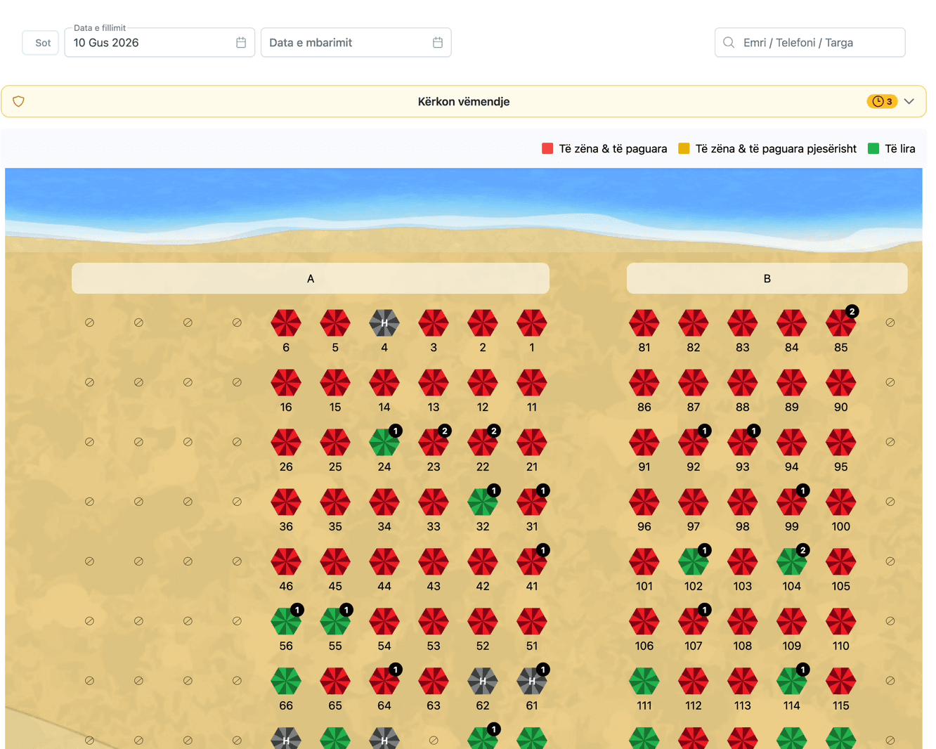Hotelix beach area screen showing a grid of sunbeds and umbrellas
