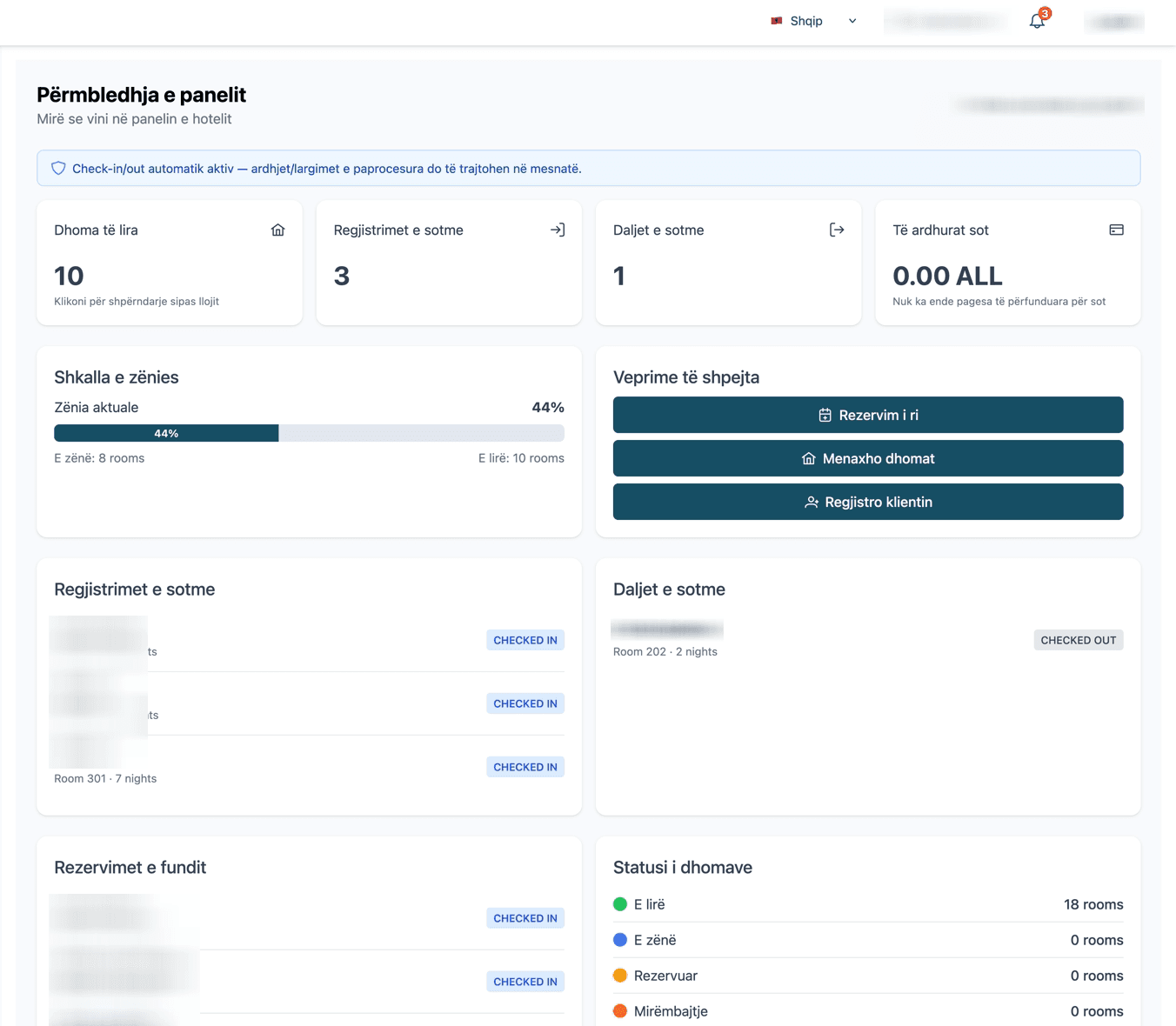 Hotelix front-desk dashboard showing today's arrivals, occupancy, and revenue