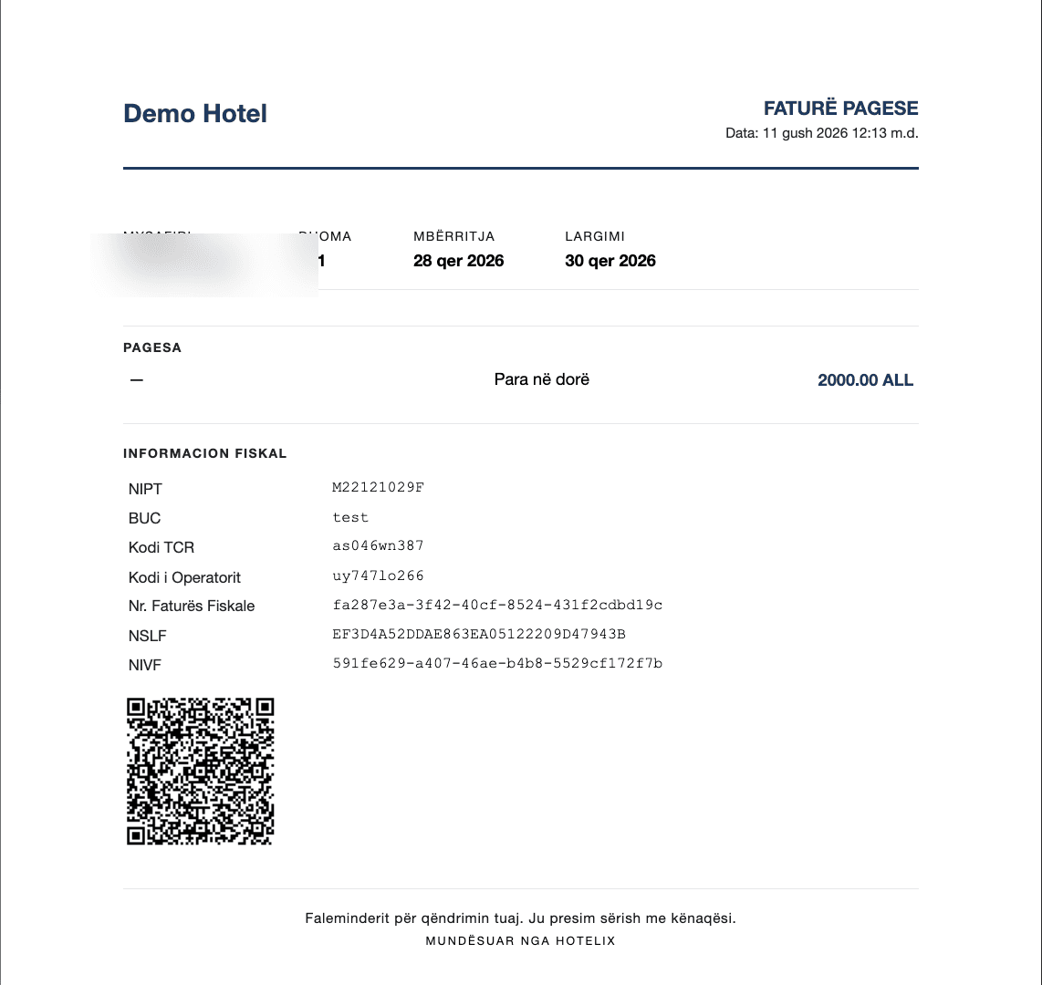 Faturë fiskale e Hotelix me kod QR, e gjeneruar automatikisht