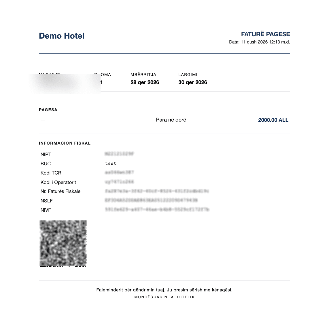 Hotelix fiscal invoice with QR code, generated automatically