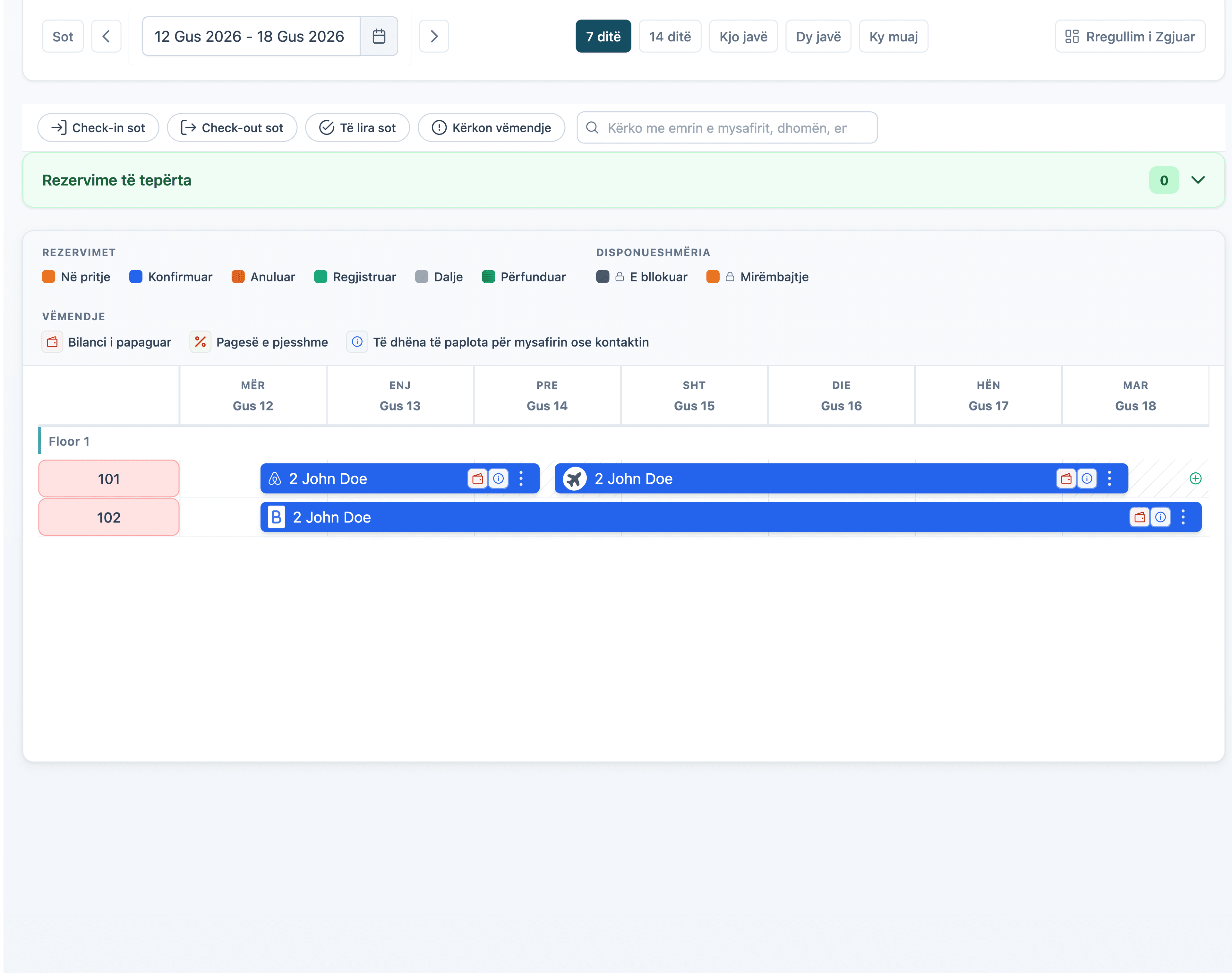 Hotelix planner showing reservations from Airbnb, Booking.com, and other OTAs landing automatically, each marked with its source channel