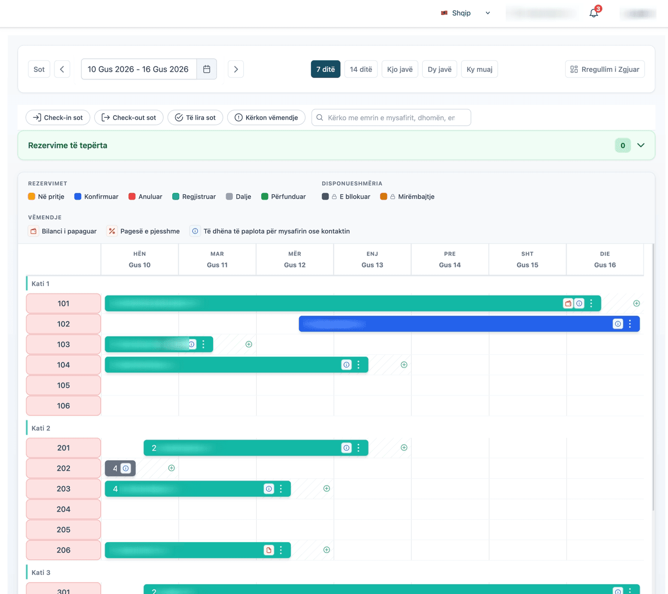 Hotelix booking planner showing a live room availability grid