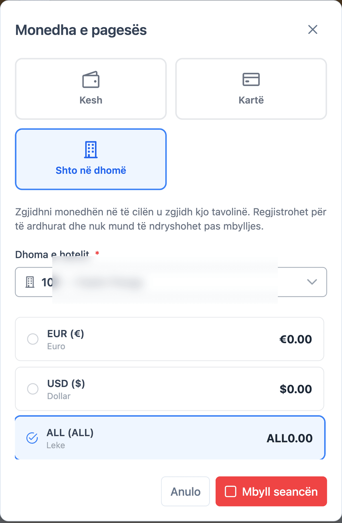Zgjedhja e dhomës kur një porosi restoranti ngarkohet te dhoma