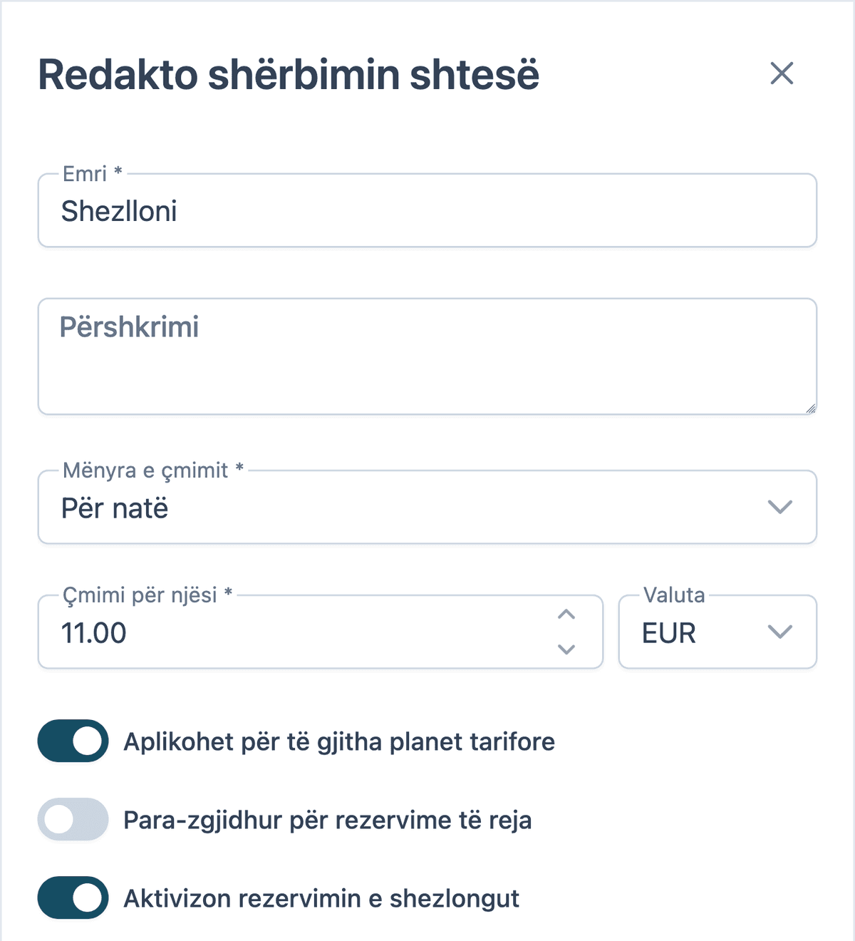 Cilësimi që aktivizon rezervimin e shezlongut për një shërbim shtesë